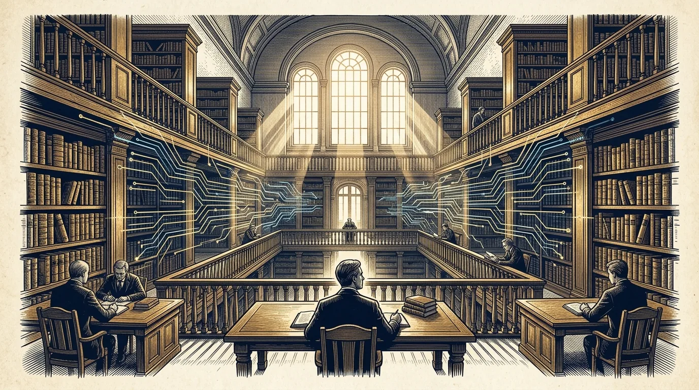Engraved illustration of a law library with circuit traces running along the shelves