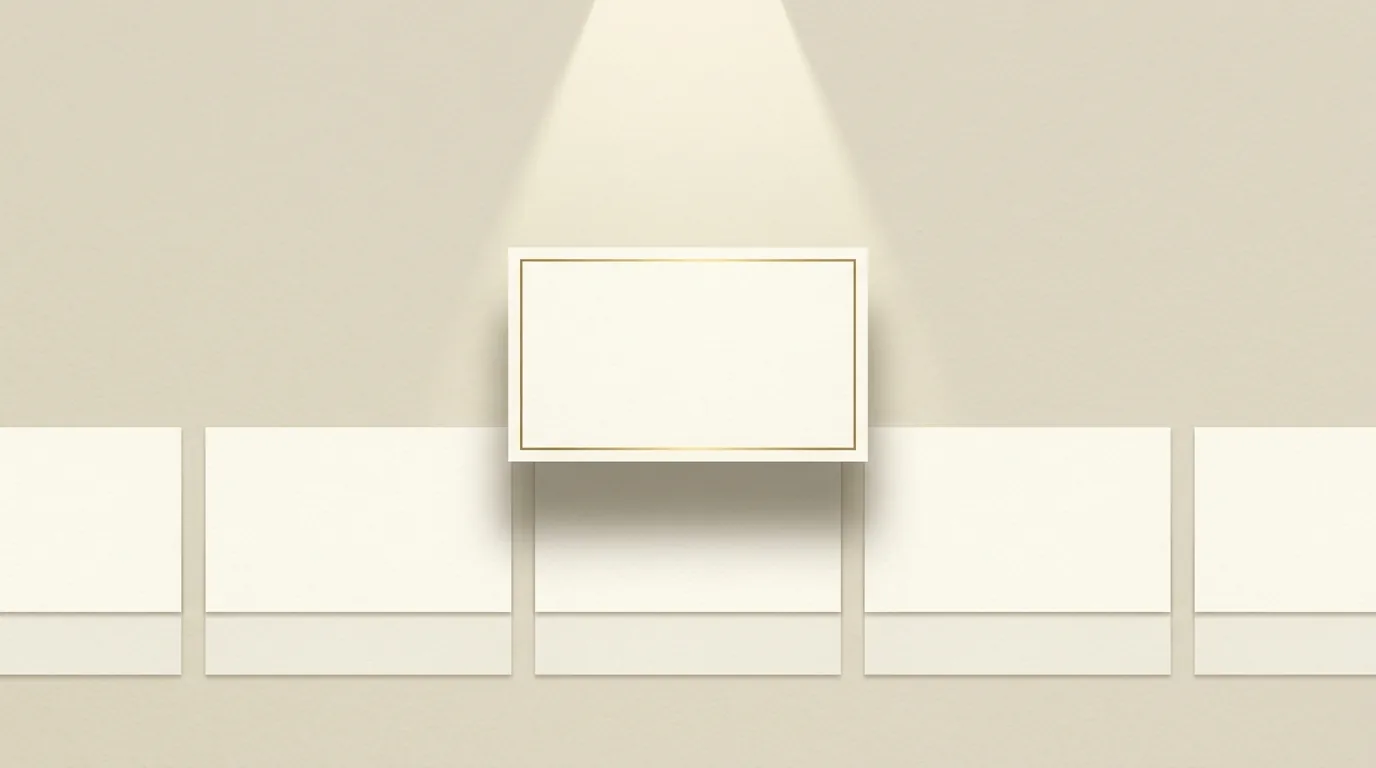 A gold-edged listing card raised above a row of ivory cards under a soft spotlight