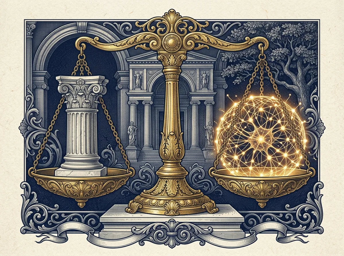 Engraved scales of justice weighing a marble column against a glowing neural network, in front of a classical courthouse