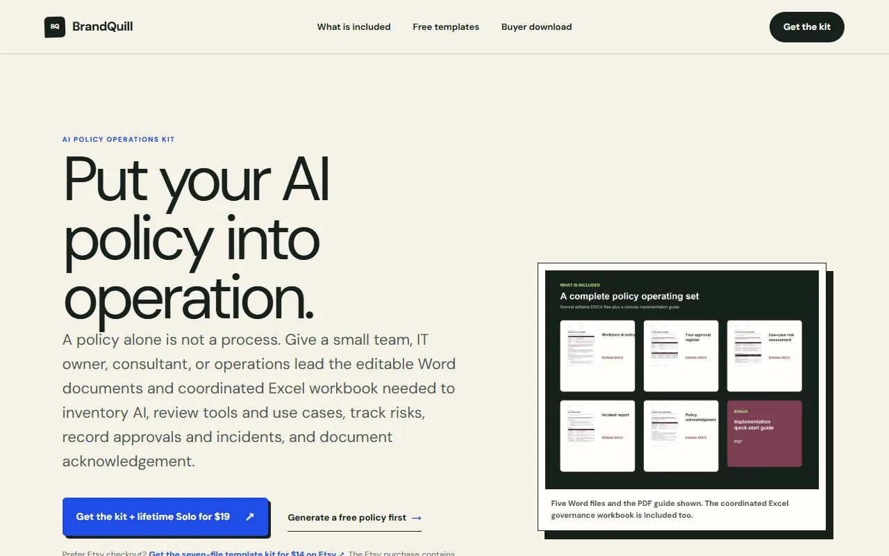 Screenshot of BrandQuill AI Policy Operations Kit