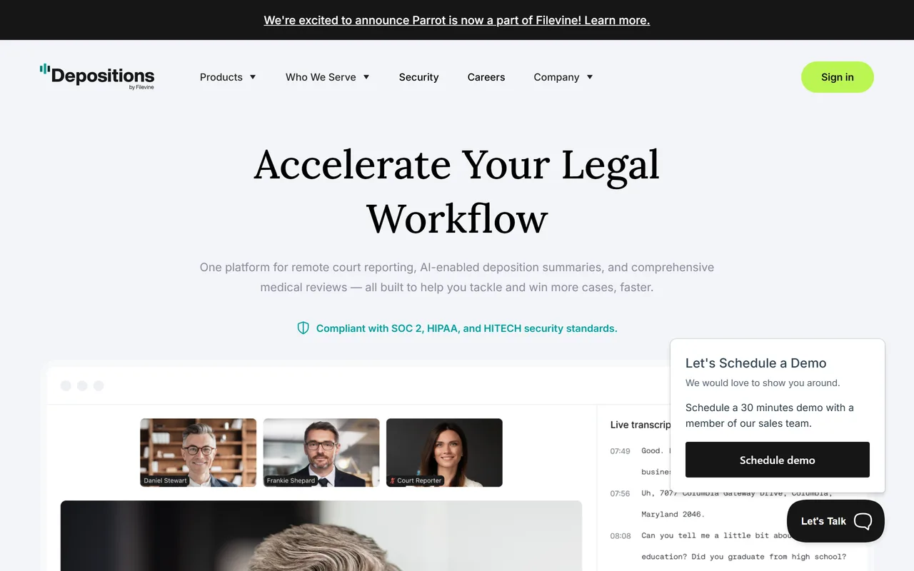 Screenshot of Parrot (Depositions by Filevine)